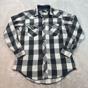 Vintage Wrangler Flannel Shirt Mens Medium Black White Pearl Snap X-Long Tails W